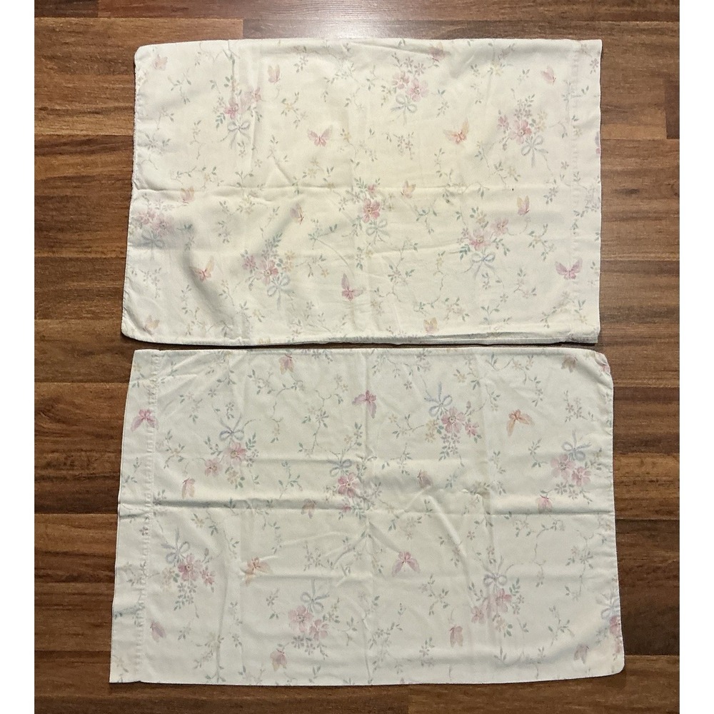 2pc Vtg JC Penney Shabby Chic Style Butterfly Floral STANDARD Pillowcases USA
